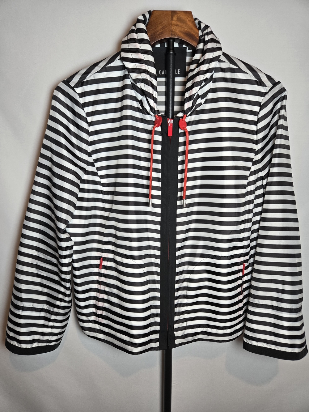 Carlisle Striped Hooded Full Zip Jacket Black White Red EUC Size 8